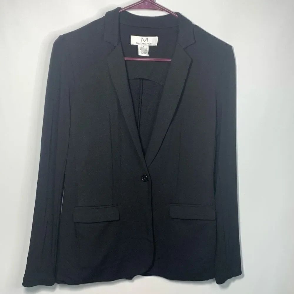 Magaschoni Women's Solid Button Front Notch Lapel Blazer Black Size small
